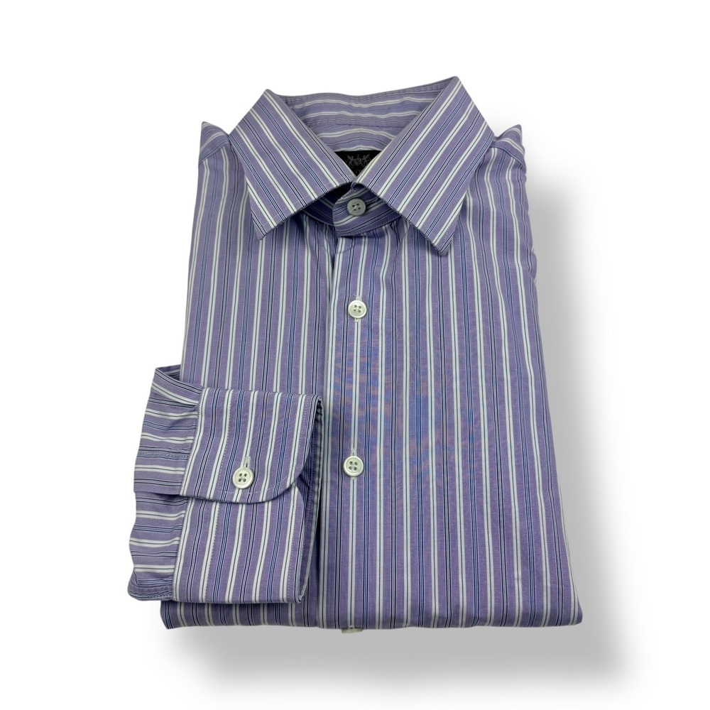 Hickey Freeman Mens Purple White Stripe Dress Shirt Cotton Made in Italy Size 16